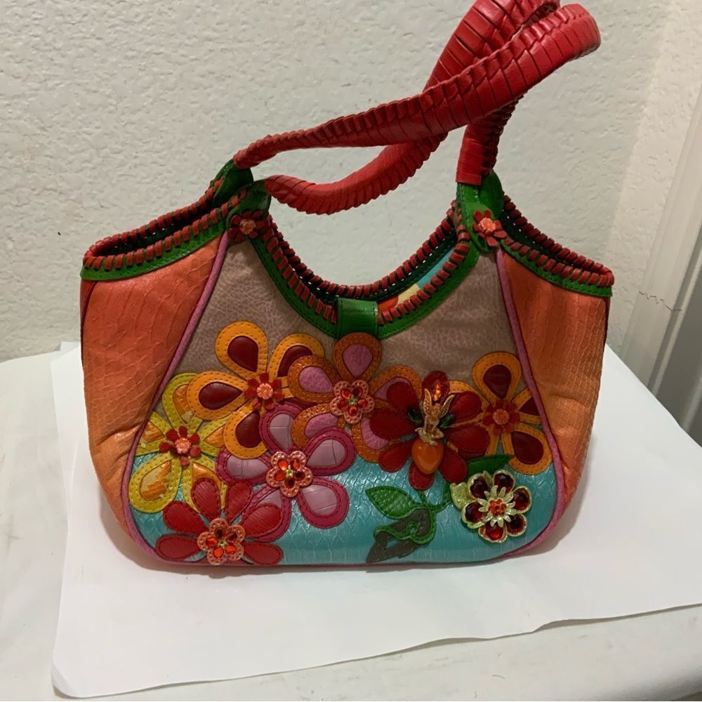 Yvette Floro Bag Purse Leather Many Funky Details Multicolor Floral Satchel